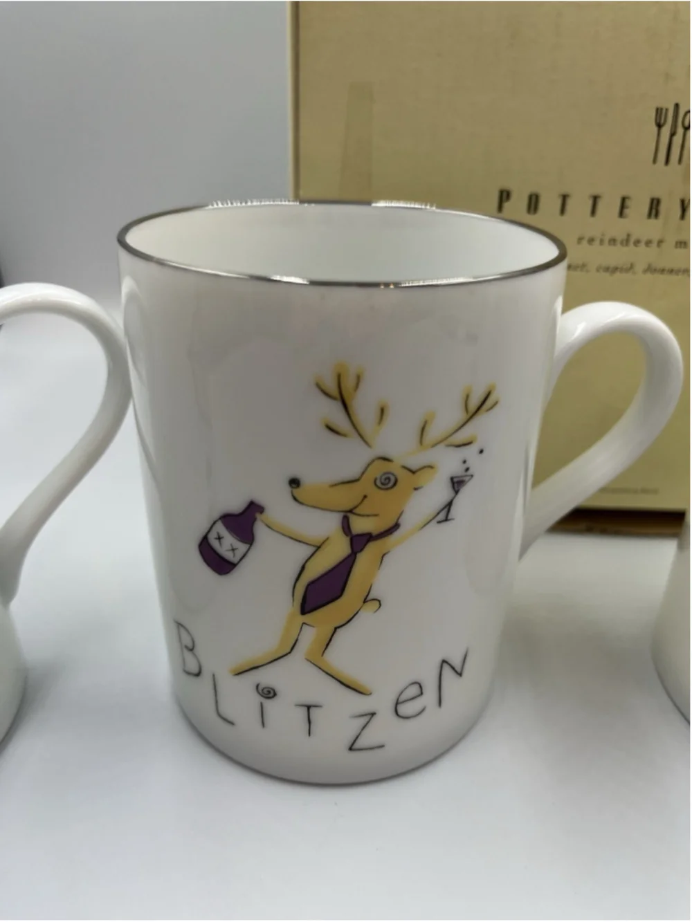 NIB Pottery Barn Reindeer Mugs, Comet, Cupid, Donner, & Blitzen Set of 4 JAPAN